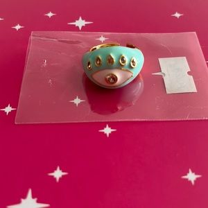 “New” Enamel Mint White, Gold & some Crystals Evil Eye ring.